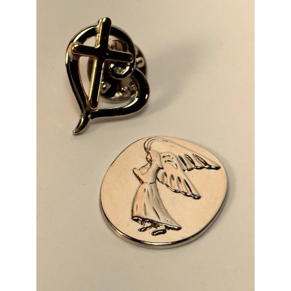 Angel Pocket Token and Cross Heart Pin Silver Gold Memorial Religious Statement